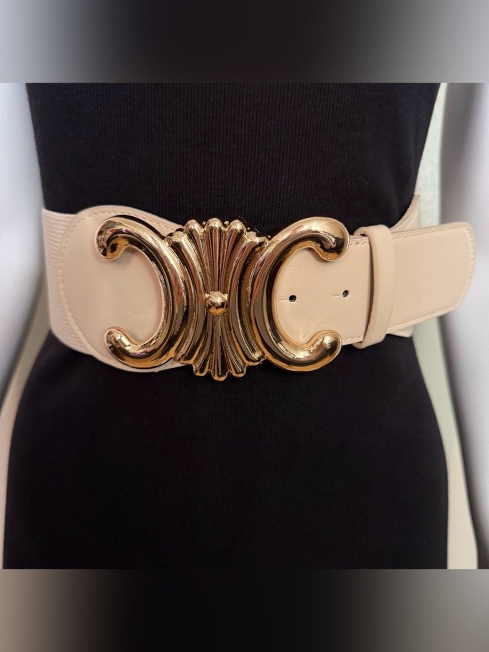 Beige PU leather elastic waistband belt with gold tone buckle